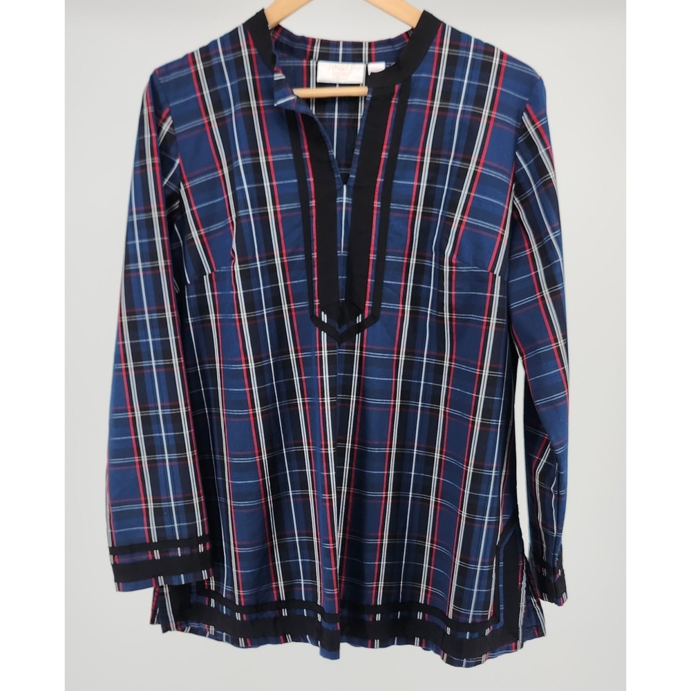 Jingle Belles Kim Gravel Navy Plaid Tunic Blouse Split Neck Grosgrain Trim M